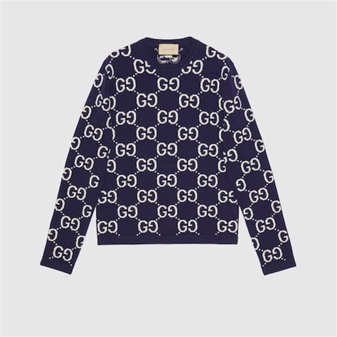 Maglione in jacquard di lana GG in blu e avorio 